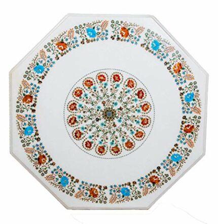 Gifts And Artefacts 36 x 36 Inches Inlaid with Semi Precious Gemstone Inlay Work Dining Table Top Octagon Shape White Marble Kitchen Table