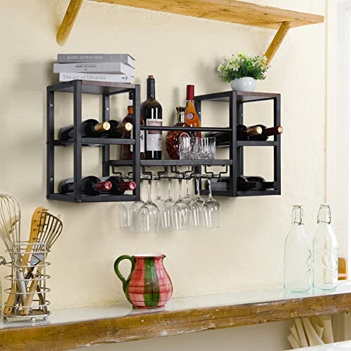 CRUDATE Hanging Wine Rack Wall Mounted, Floating Liquor Bottle Shelf with 3 Team Glass Holder Wine Shelf Bar Shelves Stemware Rack for Wall Wine