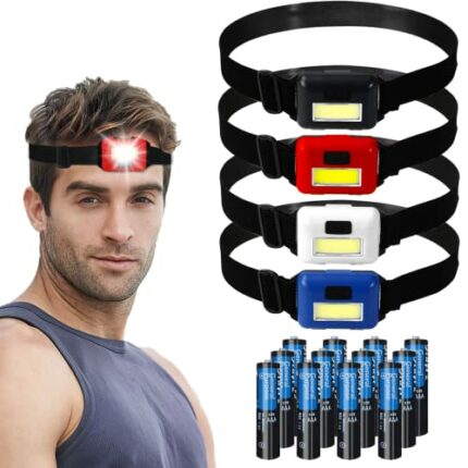 SerDa-Run 4 Pack Led Headlamp Flashlight for Adults and Kids, 1.1oz/31g COB Flood Light Ultra Bright Head Lamp with 3 Modes, Waterproof Work Head