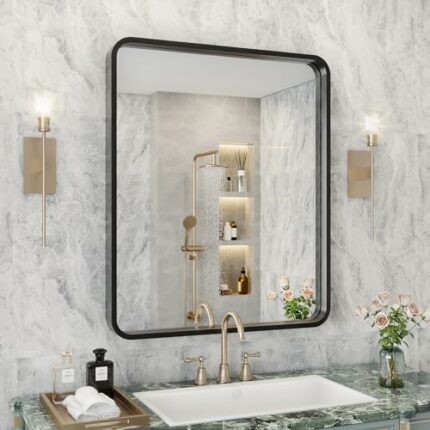 Abelockand Black Bathroom Mirror for Wall, 30" x 36" Black Rectangle Mirror for Wall, Matte Black Metal Framed Bathroom Mirror, Wall Mounted Blac