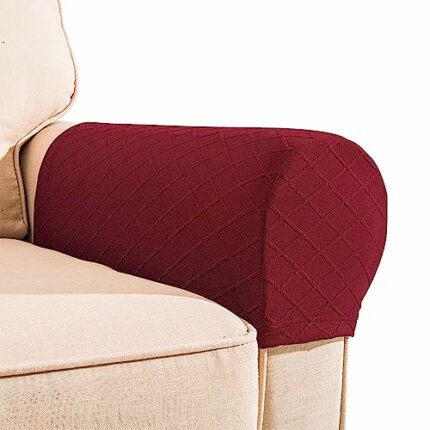 Kweiugfi 2PCS Armchair Slipcovers Wine Red Sofa Arm Slipcovers Arm Rest Covers Armrest Chair Covers Removable Chair Sofa Armrest Covers,with10Pcs