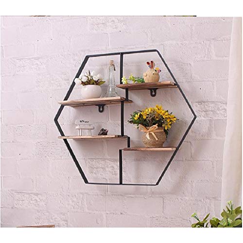 KXDCZ Iron Wine Rack- Living Room Bedroom Shelf Storage Rack Wine Rack Storage Rack, Wrought Iron Solid Wood Hexagonal Decorative Frame Design
