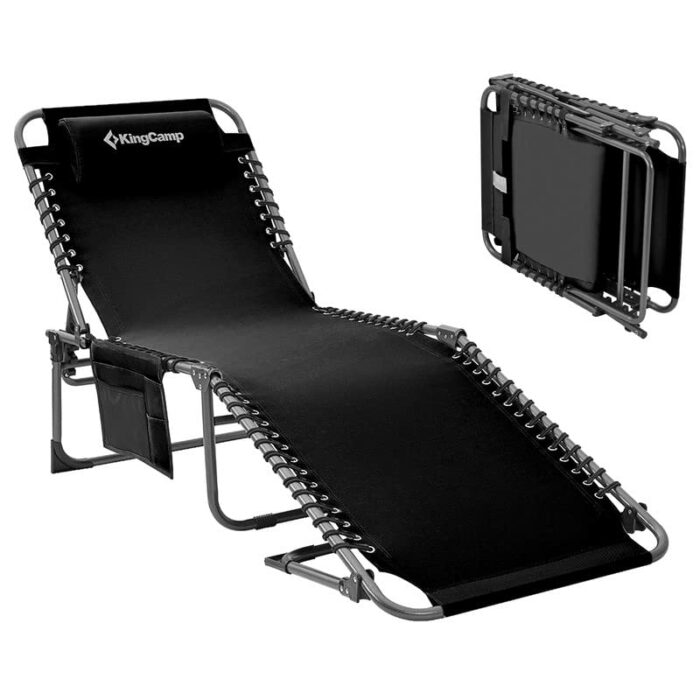 KingCamp Reclining Sun Lounger 4-Position Adjustable Foldable Heavy Duty Lounge Chair Camping Folding Bed with Pillow & Pocket for Patio Garden B