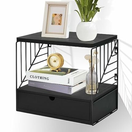 Floating Nightstand, Wood Bedside Shelf Wall Mounted with Drawer, Modern Style Bedside Table, Floating End Table, 2 Tier Floating Shelves for Bed