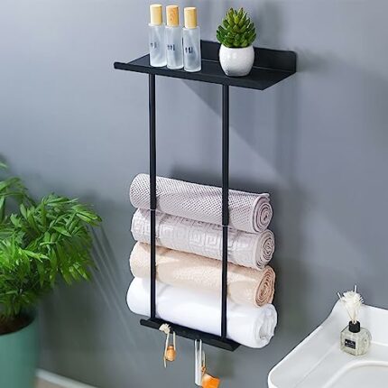 Towel Rail Wall Mounted Extendable 38-75 cm, Double Carbon Steel Towel Rail Self Adhesive No Drilling, Towel Holder Shelf for Bathroom Kitchen To