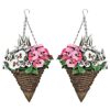 2 x Artificial Yellow and White Faux Silk Pansies and Grasses Rattan Cone Shaped Hanging Baskets Ideal for Home, Business, Outdoor Living 64cm/25
