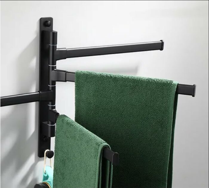 Swivel Towel Rack, Sviwel Towel Bar for Bathroom, Aluminum 4-Arm Towel Bar, Space Saving Wall Mounted Towel Holderwith Hook, Rustproof Swing Out