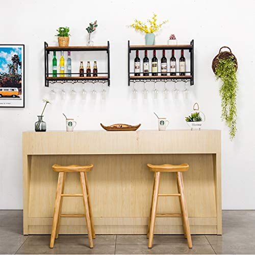 EYLINK Vintage Wine Rack Wall Shelf for Bar Kitchen, Wall-mounted 2-Tiers Wall Wine Bottle Rack and Wine Glass Rack, Metal and Wood Rustic Floati