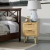 Finnhomy Bedside Table, Side Table with 2 Hand Made Rattan Decorated Drawers, Bedside Tables Set of 2, Wood Nigntstand, End Table with Storage fo