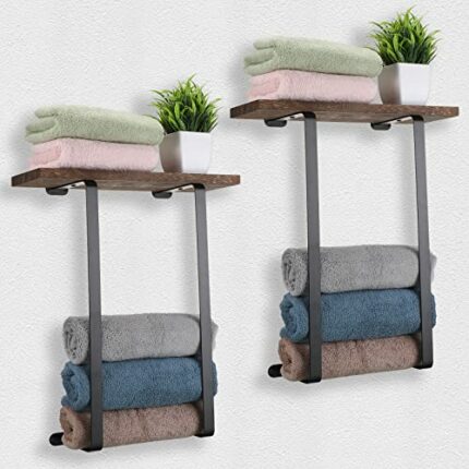 Qunclay 2 Pcs Wall Towel Racks for Rolled Towels, Bathroom Towel Holder with Wooden Shelf for Large Small Roll Towel, Hand Towels, Spa, Salon, RV