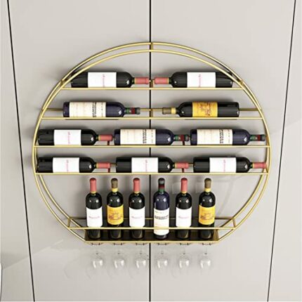 Gold Round Wall-Mounte Wine Rack ， Bar Restaurant Kitchen Wine Bottle Storage Shelf ，Hanging Wine Glass Holder Suspended Stemware Floating Organi