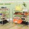 SKIKEN 4-Tier Expandable Shoe Rack, 100% Stainless Steel, 4-Rod Extendable and Adjustable Feet, Simple Standing, Adjustable Shoe Rack for Entrywa