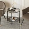 Artloge Glass Round Side Table Small: 2 Tiers Modern Accent Tables Circle Diameter 50cm Slim Bedside Tables Gray Tinted Tempered Glass Top with B