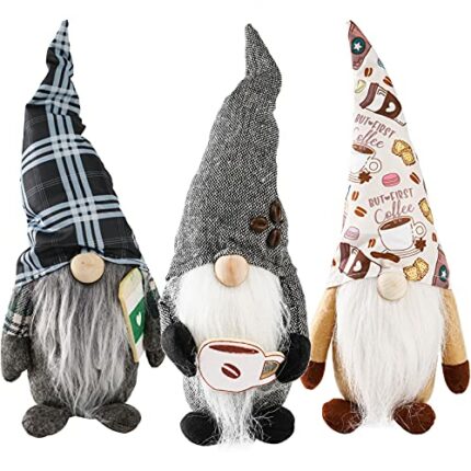 Okllen 3 Pack Coffee Gnomes Plush Coffee Bar Decor, Plaid Swedish Tomte Gnomes Coffee Table Ornaments, Nordic Coffee Gnomes Gift for Thanksgiving
