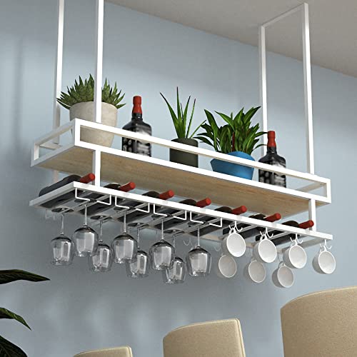 EYLINK Wine Glass Holder, Rustic Ceiling Mount Wine Rack, 2 Tier Hanging Industrial Wine Rack with Guard Rail, Wall Mounted Bottle Holder Glass R