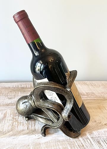 Top Brass Octopus Wine Bottle Holder - Tabletop Bar Counter Decorative Nautical Art Display - Kraken Statue Sculpture