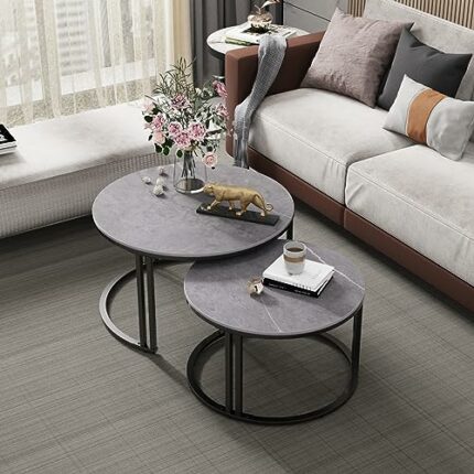 FATIVO Nesting Coffee Table Sintered Stone: Set of 2 Nest Dark Gray Marble Round Tables Large 70x40cm / Small 57x35cm Industrial Style Large Circ