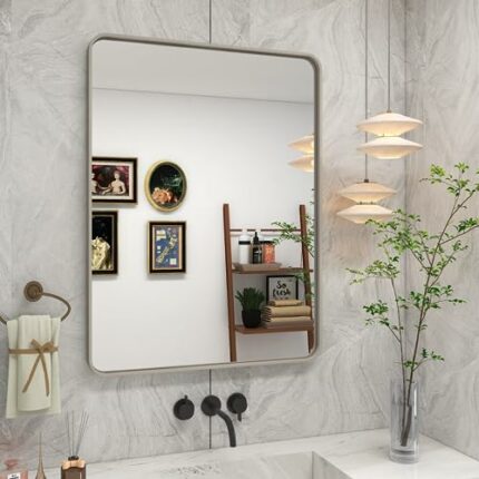 VANLIO Silver Brushed Bathroom Mirror, 24x32 Silver Metal Framed Mirror for Vanity, Rounded Rectangle Modern Wall Mirror, Anti-Rust, Shatterproof