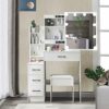 Dradaomull Makeup Vanity with Lights, Modern Vanity Desk with Chair, 4 Large Drawers Dresser with Sliding Mirror, 3 Lighting Modes and Brightness