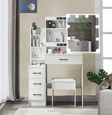 Dradaomull Makeup Vanity with Lights, Modern Vanity Desk with Chair, 4 Large Drawers Dresser with Sliding Mirror, 3 Lighting Modes and Brightness