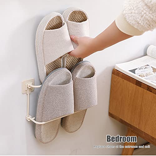 RICHSUM Wall Mounted Shoes Rack Plastic Shoes Hanger,Sticky Double Layer Foldable Slippers Drain Storage Rack Hanging Shoes Holder Bathroom Organ