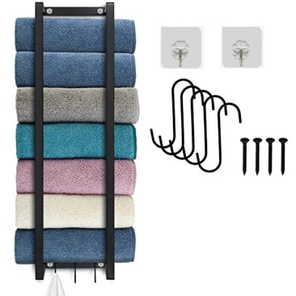 Bathroom Wall Mounted Towel Rack, Stainless Steel Bath Towel Rack Roll Towel Rack with Three Hooks, Modern Small Space Bathroom Frosted Black Org