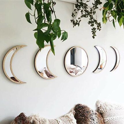 Acrylic Moon Phase Mirror, 5 Pieces Nordic Style Wood Decorative Mirror Moon Phase Mirror Bedroom Acrylic Mirror, Scandinavian Natural Decor 3D M