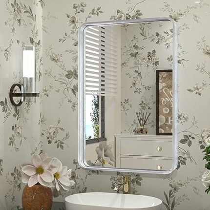 TETOTE 16x24 Inch Silver Frame Mirror, Bathroom Vanity Mirror for Wall, Modern Rectangle Round Corner Matte Framed Mirror (Horizontal/Vertical)