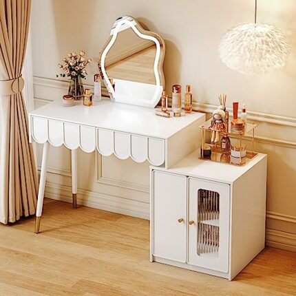 White Modern Vanity desk,Retractable Makeup dressing table with Nightstand,with Lighted Mirror and 2spacious drawers,Gift for Girls and Women wit