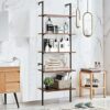 5 Tier Industrial Ladder Shelf, Wood Modern Bookshelf with Metal Frame, Wall-Mounted Plant Flower Storage Organizer for Living Room, Bathroom, Ki