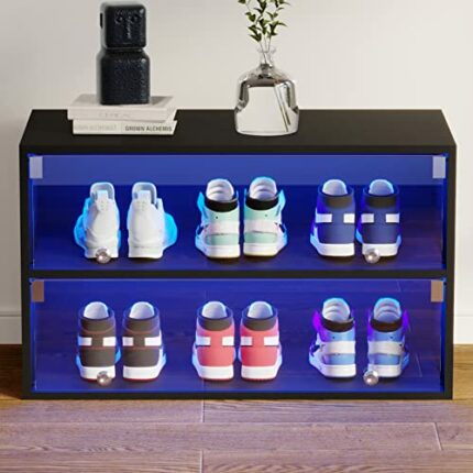 CHF DPT Sneaker Storage with LED Lights for Up To 6 Pairs of Shoes, Shoe Case Display with Glass Door, Clear Shoe Boxes Stackable and Wooden Show