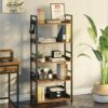 Rolanstar Bookshelf 5 Tier with 4 Hooks, Industrial Wood Bookcase, Vintage Storage Rack with Open Shelves, Rustic Standing Bookshelves Display Ra