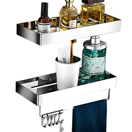 Bathroom ShelfBathroom Shelves Wall Mounted Bathroom Shelf No Drilling Shower Rack Stainless Steel Adhesive Multi-Function For Toilet Balcony,Chr