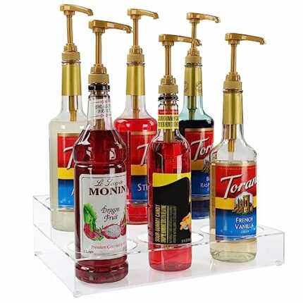 Lot45 Syrup Dispenser Coffee Bar Organizer - 2-Tiered Clear Acrylic Syrup Bottle Holder - Liquor Bottle Display Shelf - Countertop Barista Coffee