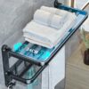 plainshe Towel Rail with Shelf: Wall Mounted Drill/Adhesive 2 Tier 59cm Aluminum Foldable Bath Towel Rack Non Drill Towel Holder Bathroom Shelf T