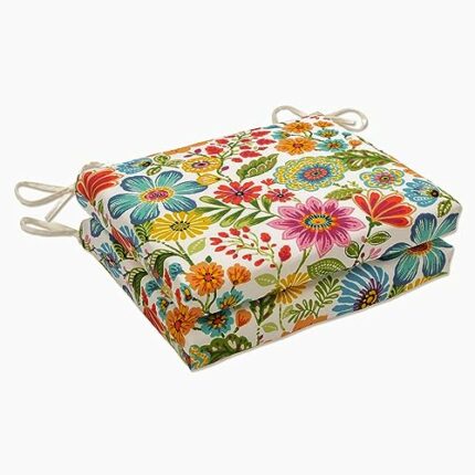 Pillow Perfect Bright Floral Indoor/Outdoor Square Corner Chair Seat Cushion with Ties, Plush Fiber Fill, Weather, and Fade Resistant, 16" x 18.5