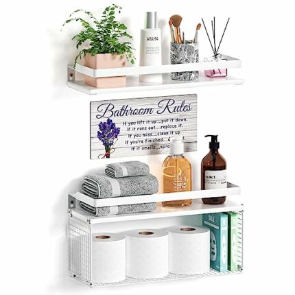 Nunemosk Set of 2 Bathroom Floating Shelves with Wire Storage Basket 43cm Wall Mounted Bathroom Shelves with Bathroom Wall Décor Sign for Wall De