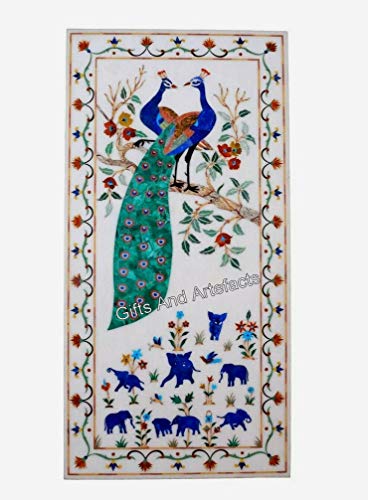 Gifts And Artefacts 24 x 48 Inches Nature Art Inlay Work Kitchen Back Splash Rectangle Shape White Marble Dining Table Top Add Royal Look to your