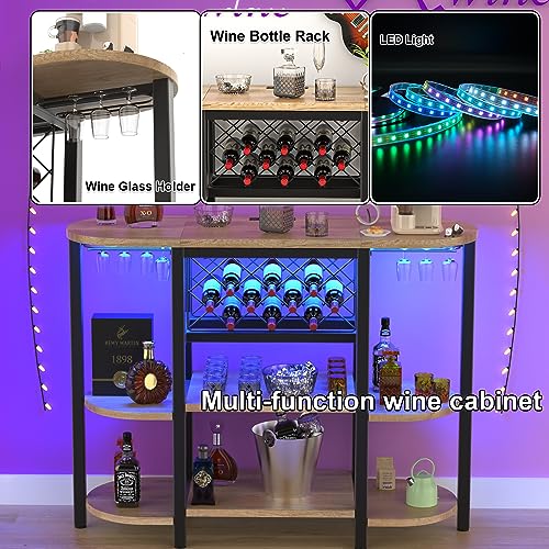 Bar Cabinet, Wine Racks Free Standing Floor with Outlet, Coffee Bar Cabinet with RGB LED Light, Mini Bar Table with Glass Holders, Bottles Wine S