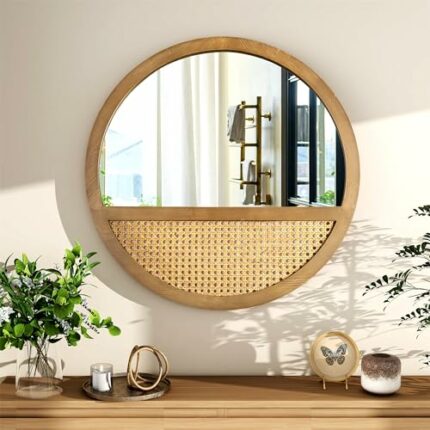 THKSHOUZ Rattan Wall Mirror Round Decoative Mirrors for Living Room Vintage Nursery Hanging Mirror Hand-Woven Decorative Mirror for Wall Art Deco
