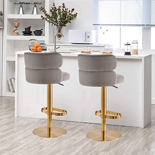 ADEADE Grey Set of 2 Swivel Velvet Counter Barstools Adjustable Height Backrest Bar Stools with Backrest Gold Legs Round Upholstered Seat for Kit