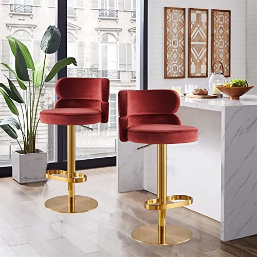 Claret Velvet Swivel Round Upholstered Barstools Bar Chair Set of 2 Adjustable Heigh Stainless Steel Titanium Gold Curved Back Strap Golden Footr