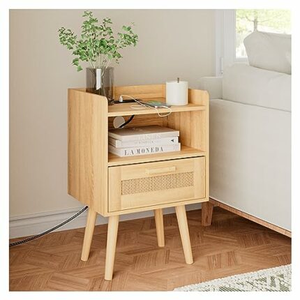 Masupu Rattan Bedside Table with Outlet (Single Drawer Nightstand)