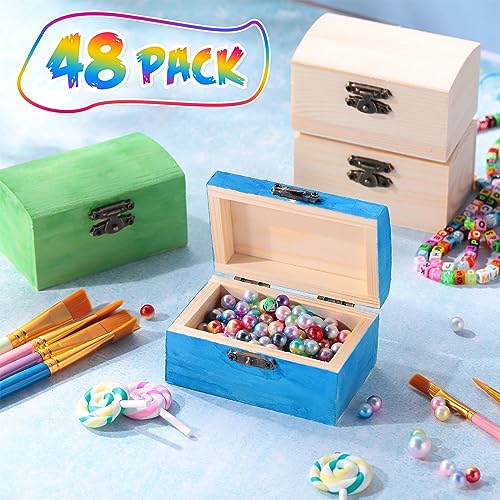 Chumia 48 Pcs Unfinished Wooden Box with 40 Paintbrushes Wood Treasure Chest Small Wooden Box DIY Wooden Boxes for Crafts Unpainted Chest Box for