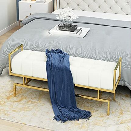 Luxurious End of Bed Bench,Leather Upholstered Bedroom Bench Bench Seat,Modern Multifunction Shoe Bench Entryway Bench Dining Bench-White 100x35x