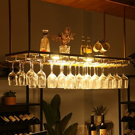 Rustic Wine Rack Wall Mounted with Light & Glass Holder, Adjustable Hanging Bar Wine Glass Rack Ceiling, Bottle Holder Wine Shelf Shelves for Bar
