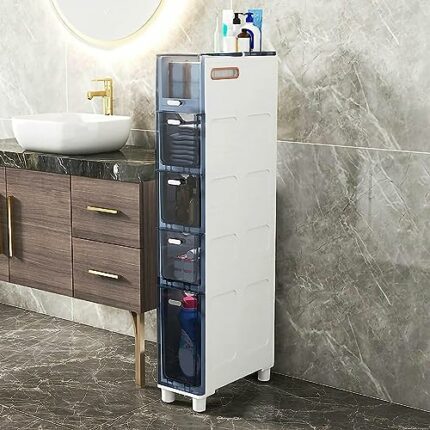 5-Tier Narrow Bathroom Floor Cabinet, Slim Toilet Storage Cabinet Storage Tower with Clear Drawers and Casters, Sturdy Narrow Dresser Tower for B