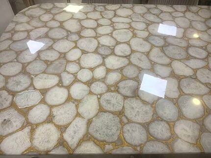 Gifts And Artefacts 42 x 72 Inches White Agate Stone with Golden Foil Epoxy Art Dining Table Top Rectangle Marble Kitchen Shelves for Hotel Decor