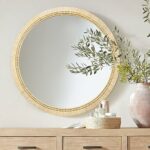 Ulike Round Rattan Mirror, 24 Inch Boho Circle Rattan Wall Mirror Natural Rattan Skin Wrapped Hanging Mirror Rattan Wooden Beads Art Decoration M