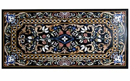 Gifts And Artefacts 30 x 60 Inches Pietra Dura Art Dining Table Top for Home Furniture Decor Rectangle Shape Black Marble Restaurant Table